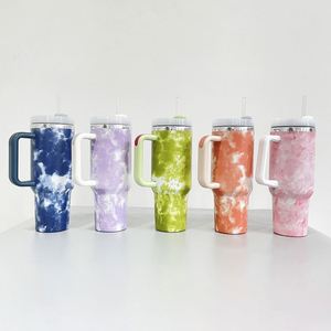 H2.0 de 40 oz, Gobelet isotherme en acier inoxydable imprimé motif pêche, style tie-dye océan, avec poignée et pailles, pour bière et eau - Product Image 4