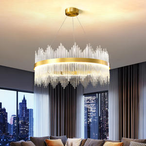 Lustre moderne minimaliste élégant en cristal, en acier inoxydable doré, LED, luminaire de luxe moyen, salon, salle à manger - Product Image 1