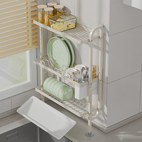Étagère de rangement multifonctionnelle moderne à double bac à vaisselle en métal à fixation murale pour évier de cuisine, sans perçage
