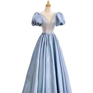 Blue V-neck Satin Ball Gown Empire Waist Haze Blue Vintage Evening Dress For Adult Birthday Parties Hostess - Product Image 5