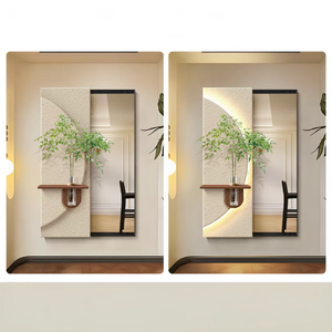 Dipinto Decorativo Moderno con Texture Arenaria, <span class=keywords><strong>Vaso</strong></span> e Luce LED, Specchio Scorrevole Nascosto a Mezzo Cerchio Verticale - Product Image 3