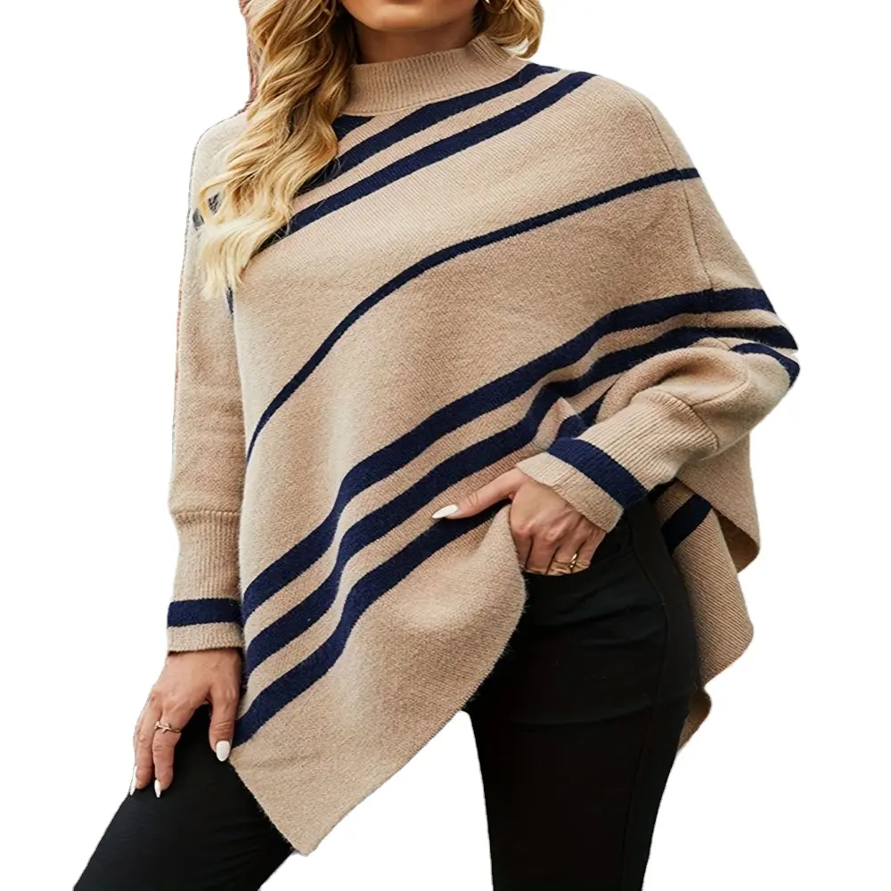 Striped Turtle Neck Cape Sweater, Casual Batwing Sleeve Asymmetrical Hem Sweater, Women's Clothing poncho