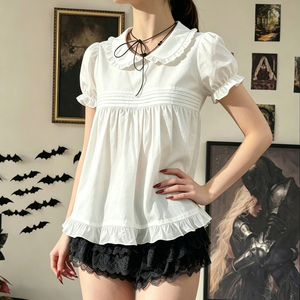 Blusa Linda y Dulce Estilo Babydoll de Manga Corta con Cuello Camisero, Corte Holgado, Cintura Alta y Color Sólido para Mujer - Product Image 6