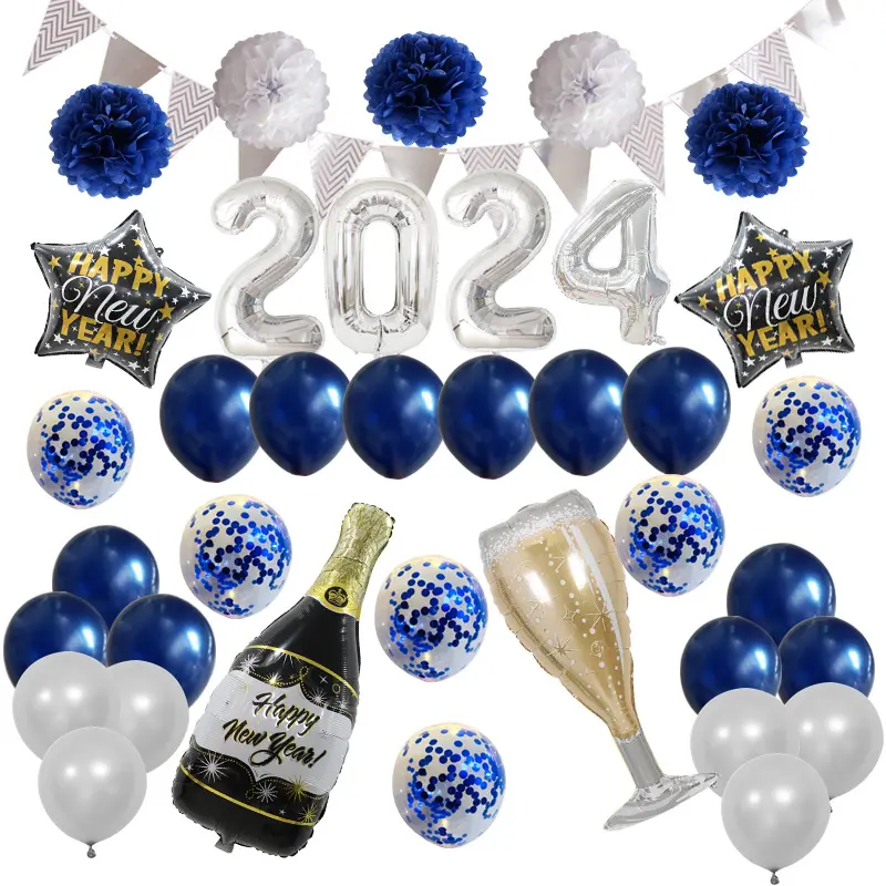 2024 new years Paper Flower Flag Balloon Set Scene party decorations Supplies Happy New Year Party Decorative articles