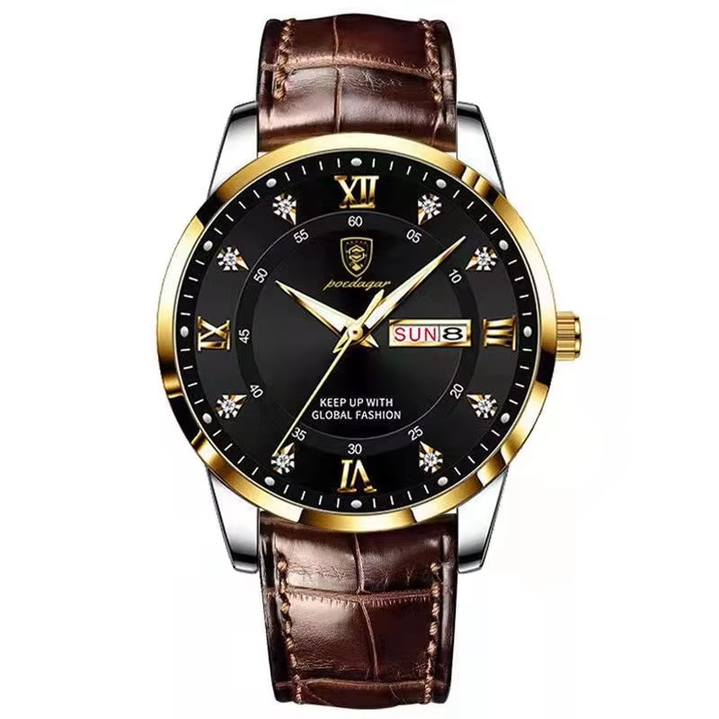 1 black dial silver gold case brown strap