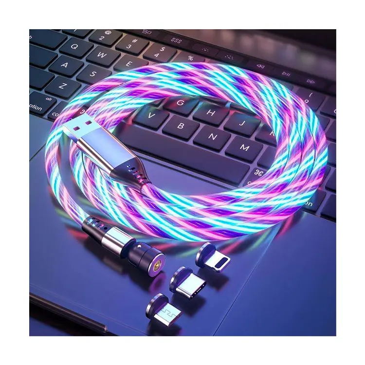 Factory direct LED magnetic charging cable 540 luminous magnetic phone charger cable led flowing micro usb cable 2.4A Free LOGO