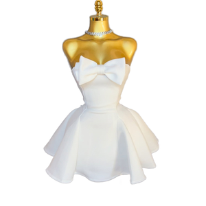 White Strapless Satin Mini <b>Dress</b> With Big Bow A-Line Sweet Party <b>Dress</b> Summer Fitted Flared Hem - Product Image 1