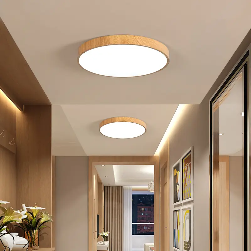 Superfície do grão de madeira ultra-fino nórdico montado luz do teto Escadaria do corredor Acrílico circular LED teto luz