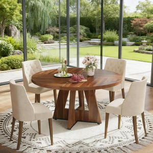 Oe Home 47-Inch Modern Round Dining <b>Table</b> with Marble Top Wood Legs Eco-Friendly & Durable 6-Seater for Living Room Furniture - Product Image 3