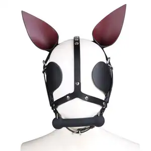 Genuine Leather Headgear with Dog Bone Mouth Gag Adjustable Belt Silicone Mouth Plug Animal Mask bdsm Harness Restraints Sex Toy