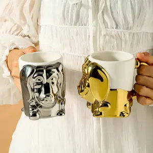 Kreative 3D geprägte Hunde becher Büro Cup Paar Gold Silber Tier Keramik Becher OEM ODM