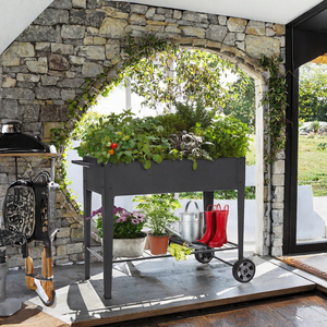 Bac à plantes surélevé moderne en métal avec roues et étagère de rangement pour jardinage extérieur sur patio, balcon ou cour. - Product Image 3