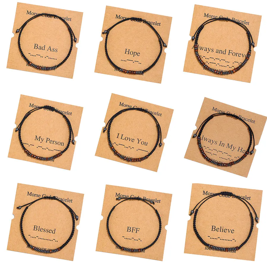 Оптовая продажа, регулируемые деревянные бусины со шнурком и секретными сообщениями, украшения, вдохновляющий женский и мужской браслет Morse Code