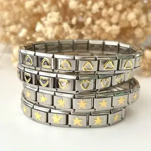 Aço Inoxidável Metal 9mm Charme Italiano coração estrela Elastic Stretch Bracelet