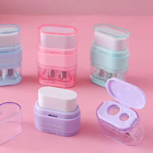 Apontador de lápis 2 em 1 manual de plástico com borracha de furos duplos apontador multicolorido com borracha fun papelaria - Product Image 1