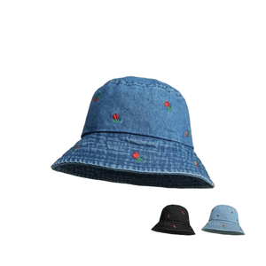 Cappello da Pescatore in Denim Lavato all'Ingrosso, Cappello Divertente per Feste all'Aperto e Viaggi con Ricamo di Piccole Bacche - Product Image 1
