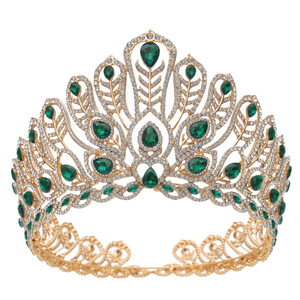 Couronne de concours de beauté de luxe plaquée or avec plumes de paon et cristaux, diadème multicolore en strass pour mariage et coiffe de mariée - Product Image 3