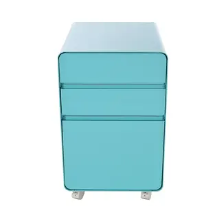 Office metal furniture storage 3 drawers round edge filing cabinet mobile pedestal with lock file cabinet on wheels