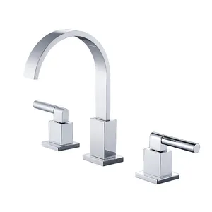 Grifo de baño generalizado cromado de 3 orificios, grifo de cascada giratorio de 360 grados, grifo de lavabo de tocador de forma cuadrada de latón