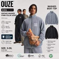Blouson Homme Col Montant Zippé 430 g/m² Épais Design Épissé Effet Délavé Vintage Style Streetwear Américain Personnalisable avec Logo