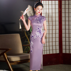 Vestido Cheongsam elegante <span class=keywords><strong>de</strong></span> Jacquard Floral hasta el suelo <span class=keywords><strong>de</strong></span> verano para mujeres jóvenes Qipao ropa <span class=keywords><strong>de</strong></span> <span class=keywords><strong>fiesta</strong></span> China - Product Image 3
