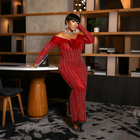 CY902493 Robe longue moulante en maille à strass, épaules dénudées, avec doublure, manches longues, fermeture éclair au dos, pour soirée 2026