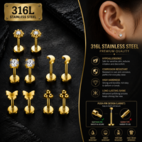 CRYSPURE Bijou de piercing pour cartilage en acier inoxydable chirurgical 316L, labret sans filetage à enfiler, motif papillon et lune