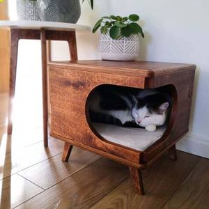 Gefineerd Kattenbed Bank Hoektafel Nachtkastje Houten Huisdiermeubilair Geometrische Bijzettafel Houten Kat Bijzettafel - Product Image 1