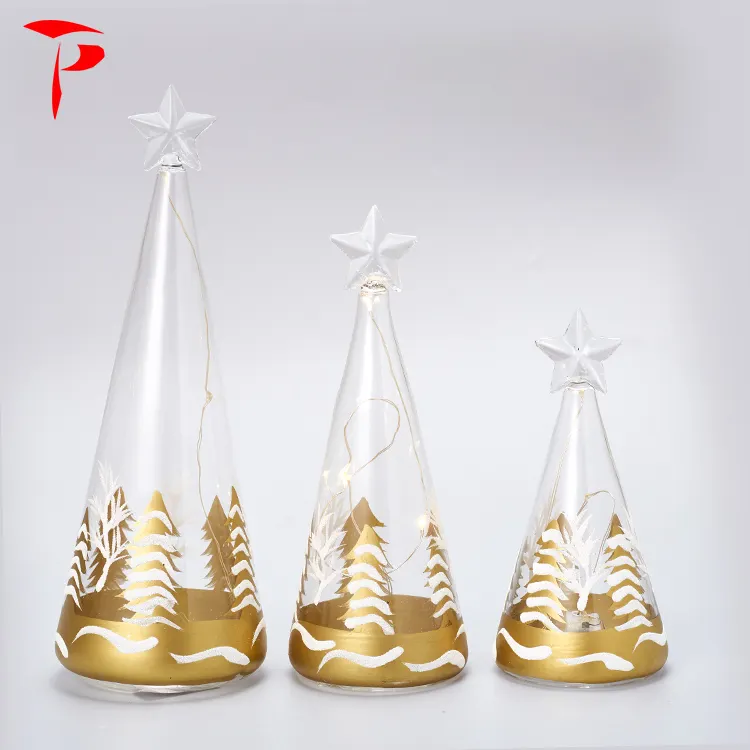Clear Gold Printed Ornaments Mini Glass Christmas Tree with LED Light