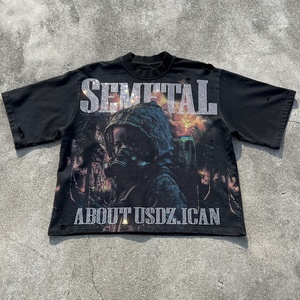 เสื้อยืดสตรีทแวร์ลายกราฟิกพิมพ์ดิจิทัล คอกลม ทรงโอเวอร์ไซส์ แต่งรอยขาด ล้างสีแบบแอซิด ประดับคริสตัล ผลิตโดยผู้ผลิตเสื้อยืด - Product Image 1