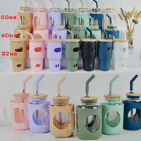 40oz 50oz 32oz botol air kaca cangkir teh & cangkir kopi dengan silikon lengan gelas Tumbler & tutup bambu pegangan alat minum sedotan