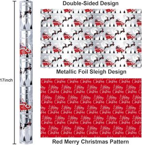Christmas Wrapping <b>Paper</b> Silver-red double-sided wrapping <b>paper</b> deer sled <b>pattern</b> wrapping <b>paper</b> Metallized wrapping <b>paper</b> - Product Image 2