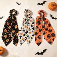 Pita Panjang Poliester Motif Laba-laba Hantu Labu Halloween, Ikat Rambut Elastis untuk Pesta Liburan Wanita, 3 Buah