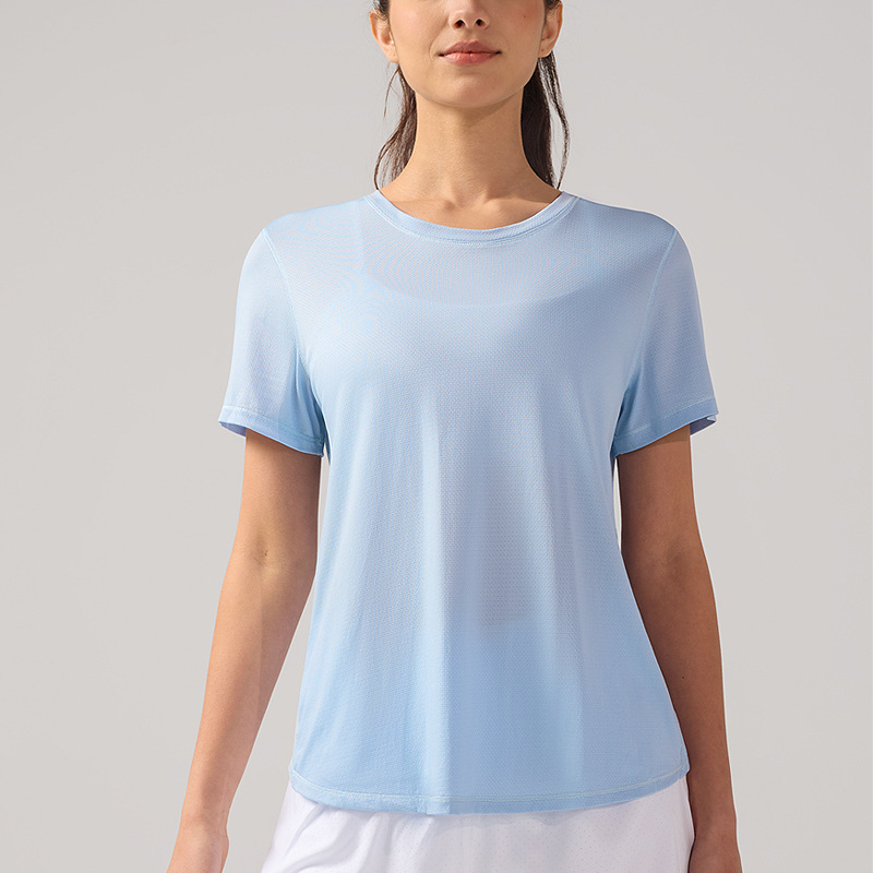 Women's Summer Cool Feeling Hollow Out Back Short Sleeve 92% Polyester 4% Spandex Lightweight Athletic Yoga Cover up Top