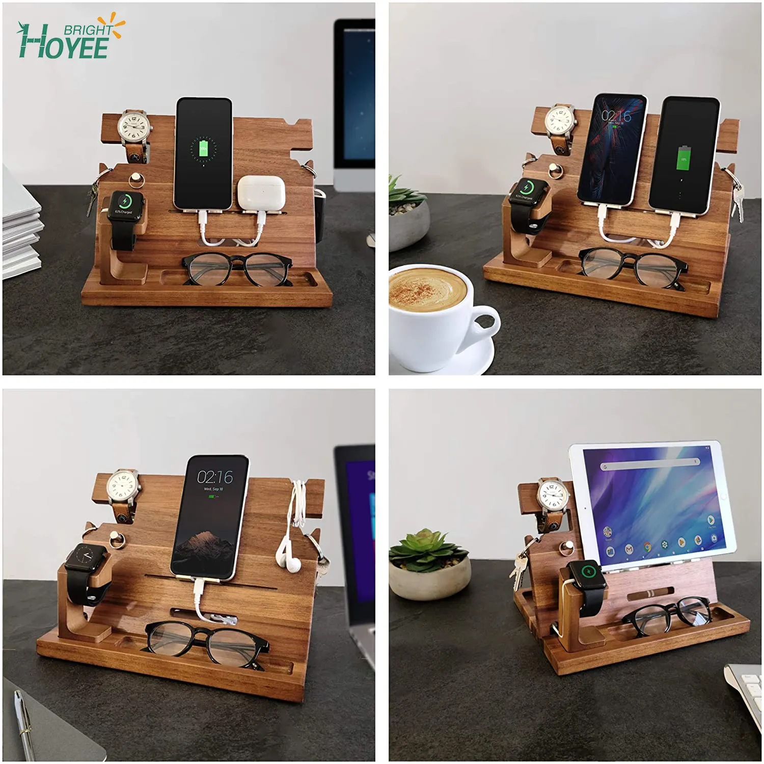 Wooden Docking Station Men Nightstand Organizer Charging Station Cell Phone Stand Tablet Stand Husband Gifts