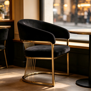 <span class=keywords><strong>Chaise</strong></span> de salle à manger de luxe en <span class=keywords><strong>velours</strong></span> à accoudoirs courbes, avec structure <span class=keywords><strong>cantilever</strong></span> en acier doré poli et dossier décoratif en fil métallique, pour usage commercial et résidentiel - Product Image 6