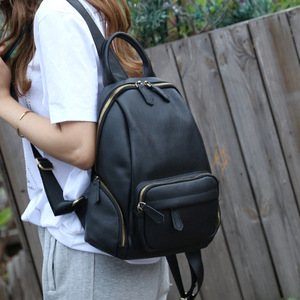 Women's <b>Backpack</b> Genuine Leather Black Solid Color Zipper Closure Multi Functional Bag - Product Image 1