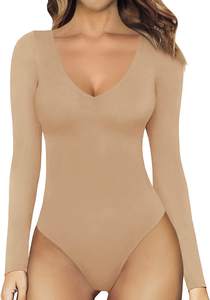 Naadloze lange mouwen <span class=keywords><strong>bodysuit</strong></span> voor dames, diepe V-hals, rekbare stof, skinny fit, effen patroon, buikcontrole, casual wear body - Product Image 5
