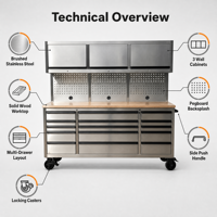 Armoire à outils en acier inoxydable de 72 pouces, 15 tiroirs, poste de travail moderne, verrouillage à clé, déverrouillage par mot de passe, personnalisation OEM, rangement d'outils