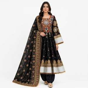 Vestido Tradicional Afgano con Bordado de Encaje Negro, Cuello Redondo, Manga Larga, Holgado, Largo hasta la Rodilla, de Cachemira y Acrílico, para Uso Diario - Product Image 1