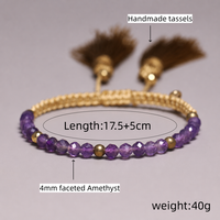Bracelet tressé artisanal plaqué or 18 carats avec perles d'améthyste naturelle facettées de 4 mm, bijou anti-stress, cadeau d'amitié