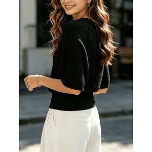 Suéter de manga corta con cuello de murciélago y canalé para mujer, color blanco - Product Image 5