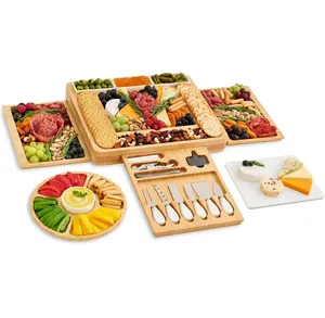 Wholesale Bamboo Cheese Boards Charcuterie Board Set Kitchen Natural Chopping Board Meat Plate Set With Slide-Out Drawer Knife