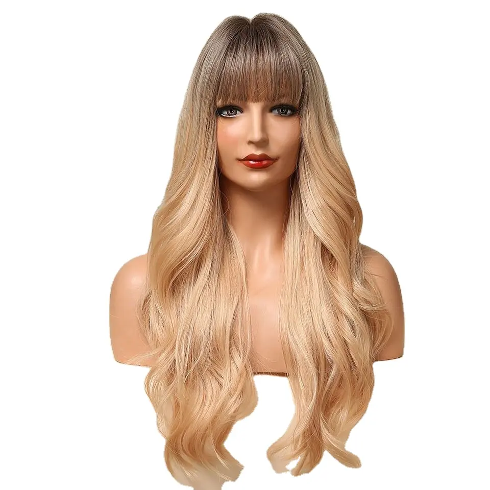 Heat Resistant Hair Long Wavy Brown Blonde Synthetic Wigs with Bangs Cosplay Party Natural Wigs for Women