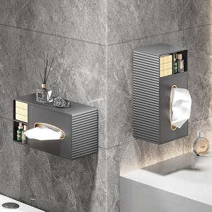 Caja de pañuelos multifuncional para montar en la pared, estante de baño de plástico negro con almacenamiento para uso doméstico - Product Image 1