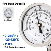 Многоугольный биметаллический термометр, 1/2" NPT, двойная шкала -20-120°C ° C/0-250 ° Термометр F-типа с 3-дюймовым циферблатом и 4-дюймовым штоком