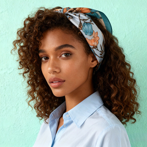 وشاح مربع للنساء من الساتان والشيفون بملمس حريري، أزرق فاتح مع طباعة زهور برتقالية، 70 سم، إكسسوار أنيق، منديل مربع - Product Image 3