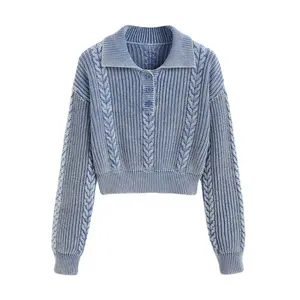 Custom OEM & ODM Acid Wash Knit Pullover Sweater women cable knitwear ladies Knitted Tops Girls Jumper women custom knit sweater