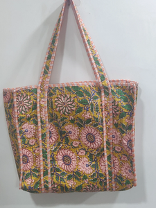 <b>Quilted</b> Cotton <b>Tote</b> <b>Bag</b> | Peach Floral Print Reversible Carryall Shoulder <b>Bag</b> for Women with Handmade Boho Textile Design - Product Image 2