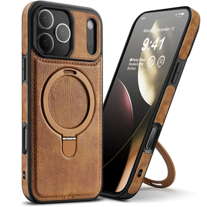 Kickstand Magnetic Stand <b>Holder</b> <b>Ring</b> Magnetic <b>Phone</b> Case For iPhone 17 Air 13 15 16 Pro Max 14 Plus Hollow Logo PU Leather Cover - Product Image 1